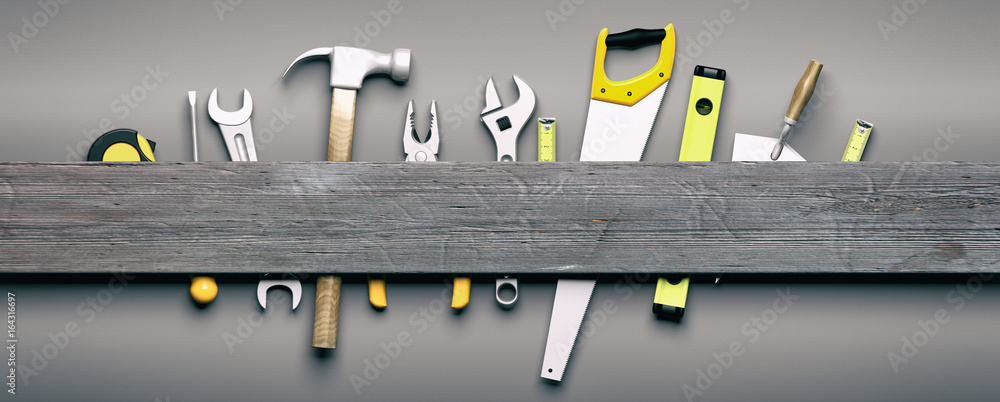 Hand tools on grey wooden background. 3d illustration - obrazy, fototapety, plakaty 