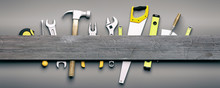 Hand Tools On Grey Wooden Background. 3d Illustration