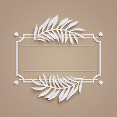 3d render, beige paper craft background, palm leaves, poster frame, cover, banner, label