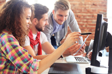 Canvas Print - Startup Diversity Teamwork Brainstorming Meeting Concept.Business Team Coworkers Sharing World Economy Report Document Laptop.People Working Planning Start Up.Group Young Hipsters Discussing Cafe.