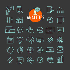 Poster - Different analitics icons vector collection. Web and mobile app outline icons set on dark background