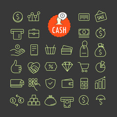 Poster - Different cash icons vector collection. Web and mobile app outline icons set on dark background