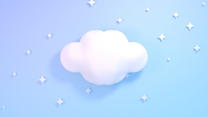 Cute white clouds and stars. Blue pastel color background. 3d render picture.