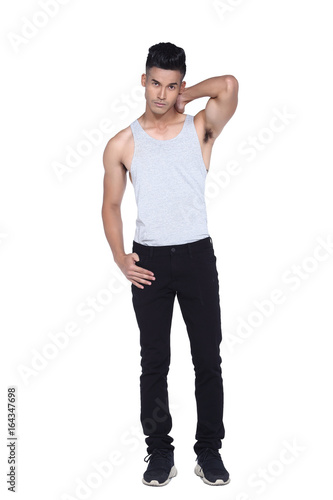 Tan Skin Asian Black Hair Handsom Muscle Good Looking Man In Gray