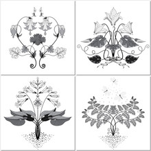 Vector Set Of Four Floral Elements To Create Patterns In Art Nouveau Style.  Aquilegia, Cyclamen, Hosta And Fern. Plants Contain Flowers, Buds And Leaves. Lacewing Insects. Easy To Change Colors.