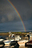 Fototapeta Tęcza - Storm on the sea with a rainbow and yachts