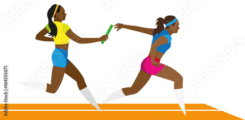 Two women is African American sprinters running relay race Stock Vector