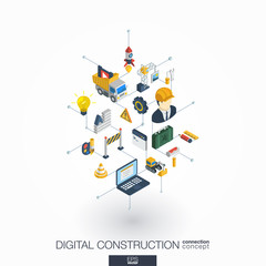 Wall Mural - Website under construction integrated 3d web icons. Digital network isometric interact concept. Connected graphic design dot and line system. Abstract background for app development. Vector on white.