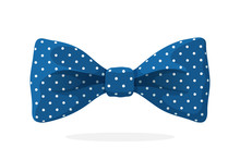 Blue Bow Tie With Print A Polka Dots. Vector Illustration In Cartoon Style. Vintage Elegant Bowtie. Men's Clothing Accessories.