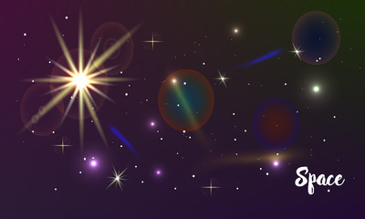  Galaxy space background with sparkling stars, rays and meteorites on cosmic background.
