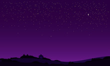 Purple Sky Full Of Stars, Nature Background. Flat Landscape.