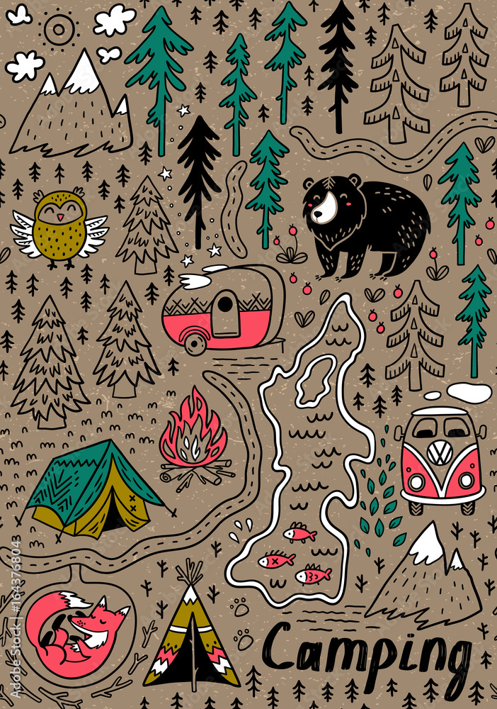 Photo Summer camp and national park seamless pattern