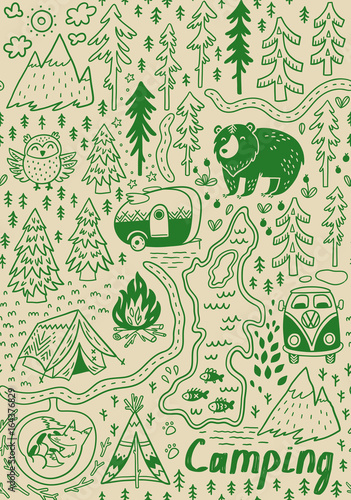 Summer camp and national park seamless pattern Wallpaper Mural