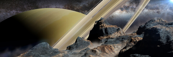 Wall Mural - a view of planet Saturn and the rings, as seen from one of its moons