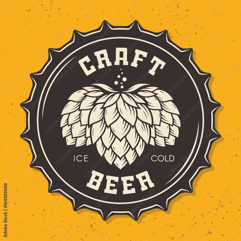 Illustration of craft beer bottle cap with hops - obrazy, fototapety, plakaty 