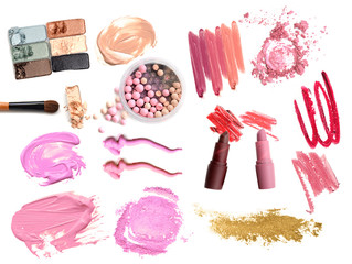 Wall Mural - Collage of make up cosmetics on white background. Beauty and makeup concept