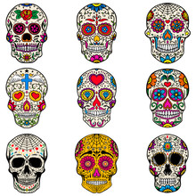 Set Of Sugar Skulls Isolated On White  Background. Day Of The Dead. Dia De Los Muertos. Vector Illustration
