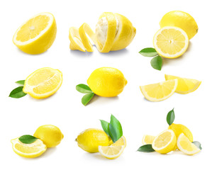 Sticker - Collage of fresh lemon on white background
