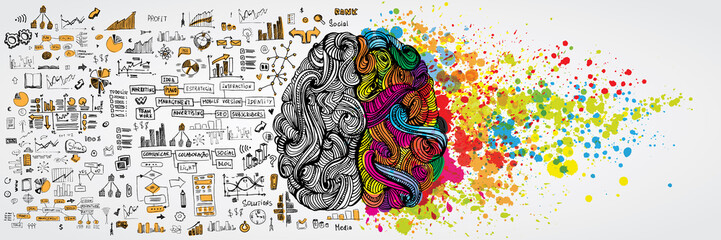 Wall Mural - Left and right human brain with social infographic on logical side. Creative half and logic half of human mind. Vector illustration aboud social communication and business work
