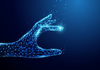 Aufkleber - Wireframe A hand picking something sign mesh from a starry on blue background