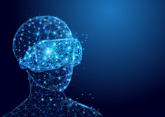 Aufkleber - Wireframe man with VR headset sign mesh from a starry and start up concept background. Future technology concept
