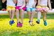 Kids with colorful shoes. Children footwear
