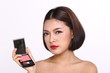 © Jade - Cosmetic, Applying Make up, Beauty Process, white studio background, Perfect Healthy Skin, black space Powder palette