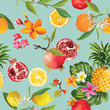 Seamless Tropical Fruits Pattern. Pomegranate, Lemon, Orange Flowers, Leaves and Fruits Background.