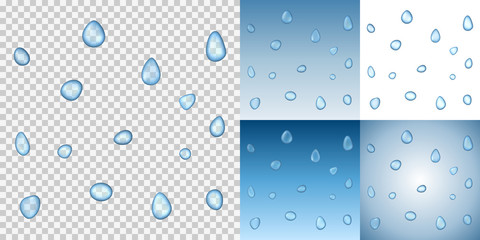 Wall Mural - Realistic vector water droplets on a transparent background. Examples on different blue backgrounds