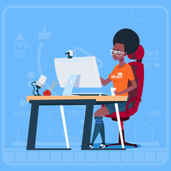 Wall Mural - African American Girl Blogger Sit At Computer Streaming Video Blogs Creator Popular Vlog Channel Flat Vector Illustration