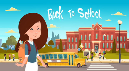 Wall Mural - Girl Going Back To School Over Group Of Pupils Walking From Yellow Bus Primary Schoolchildren Students Flat Vector Illustration