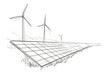 Solar Panels  and Wind Turbines hand drawn sketch. Vector.