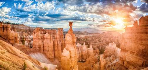 bryce canyon national park at sunrise with dramatic sky, utah, usa