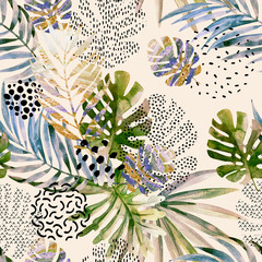 Wall Mural - Abstract palm, monstera leaf seamless pattern.