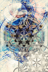 Papier Peint - Light merkaba and zodiac and abstract background. Sacred geometry.