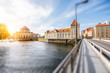 Beautiful riverside view on the Bode museum during the sunrise in Berlin city. Tilt-shift image technic