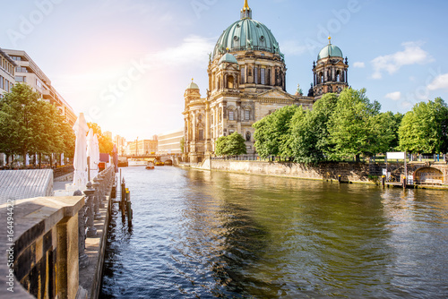 Sunrise view on the riverside with Dom cathedral in the old town of Berlin city © rh2010