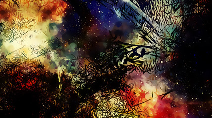 Poster - Cosmic space and stars, color cosmic abstract background and Black Fractal structure.