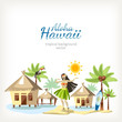 hawaii background panorama with dancing girl hula palms and houses on water bungalow sand ocean sea