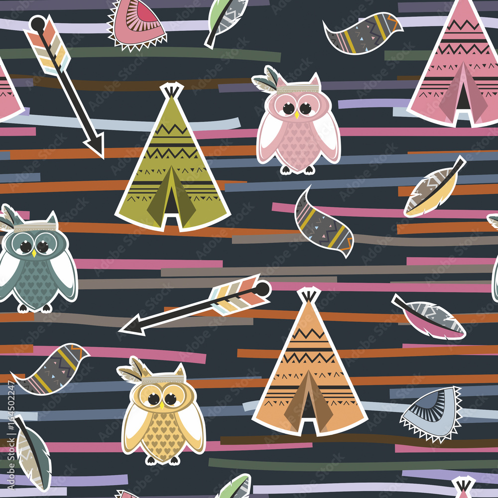 Seamless pattern in tipi, owls and feathers - obrazy, fototapety, plakaty 