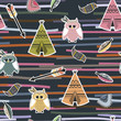 Seamless pattern in tipi, owls and feathers