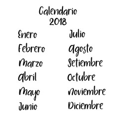 Poster - Handwritten Months. Spanish language. Modern Calligraphy. Isolated on White Background. Vector illustration for design calendar 2018, greeting card, planner, organizer, invitation.