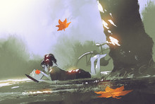 Autumn Is Coming Concept, Young Girl Laying On Grass Reading A Book In Park With Maple Leaves Falling, Digital Art Style, Illustration Painting