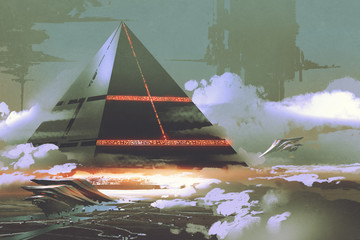 sci-fi scene of futuristic black pyramid floating over earth surface, digital art style, illustratio