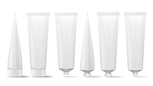 Cosmetic Tube Set. Vector Mock Up. Cosmetic, Cream, Tooth Paste, Glue White Plastic Tubes Open And Closed Set Packaging Realistic Illustration. Isolated
