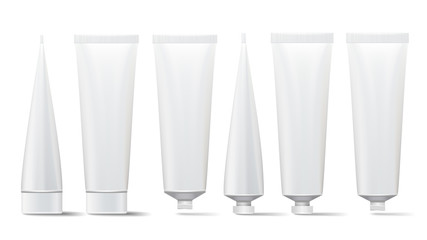 cosmetic tube set. vector mock up. cosmetic, cream, tooth paste, glue white plastic tubes open and c