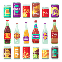 Sticker - Beverage soft and energy drinks vector flat icons. Drink bottle and can set