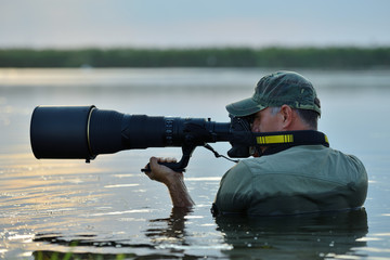 wildlife photographer outdoor, standing in the water