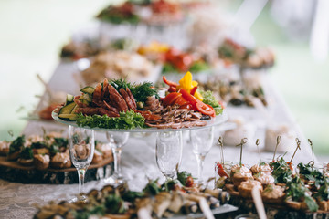 Beautifully decorated catering banquet table with different food snacks and appetizers on corporate christmas birthday party event or wedding celebration