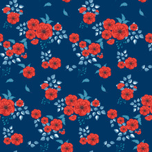 Seamless Floral Pattern. Background In Small Red Flowers On A Blue Background For Textiles, Fabric, Cotton Fabric, Covers, Wallpaper, Print, Gift Wrap, Postcard, Scrapbooking.